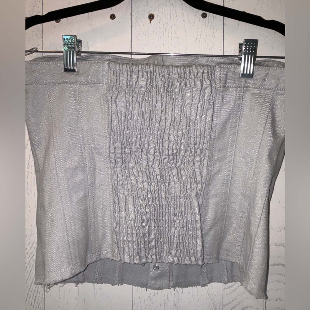New! Zara Denim Grey Silver Sparkle Top Small - Picture 6 of 7